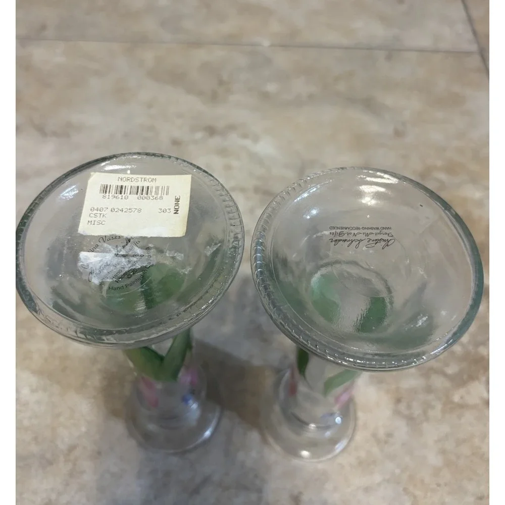 Christine Schreiber Forget-Me-Not Hand Painted Glass Candlesticks Tulips Pair